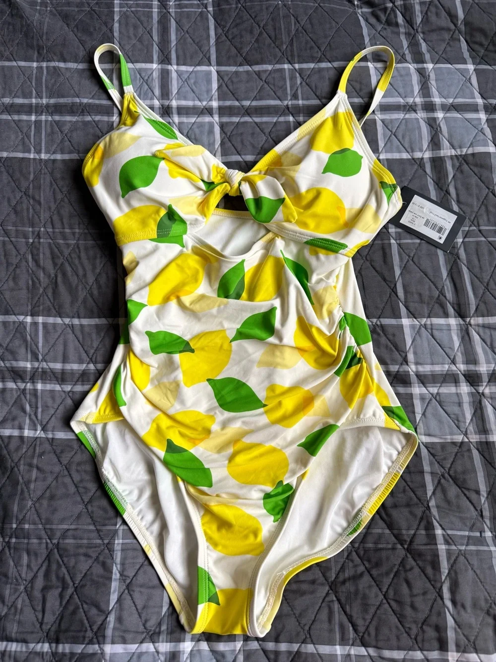 Kate Spade Lemon-Print Tank Swimsuit Green Leaves, Front Tie, Shirred NWT Sz M